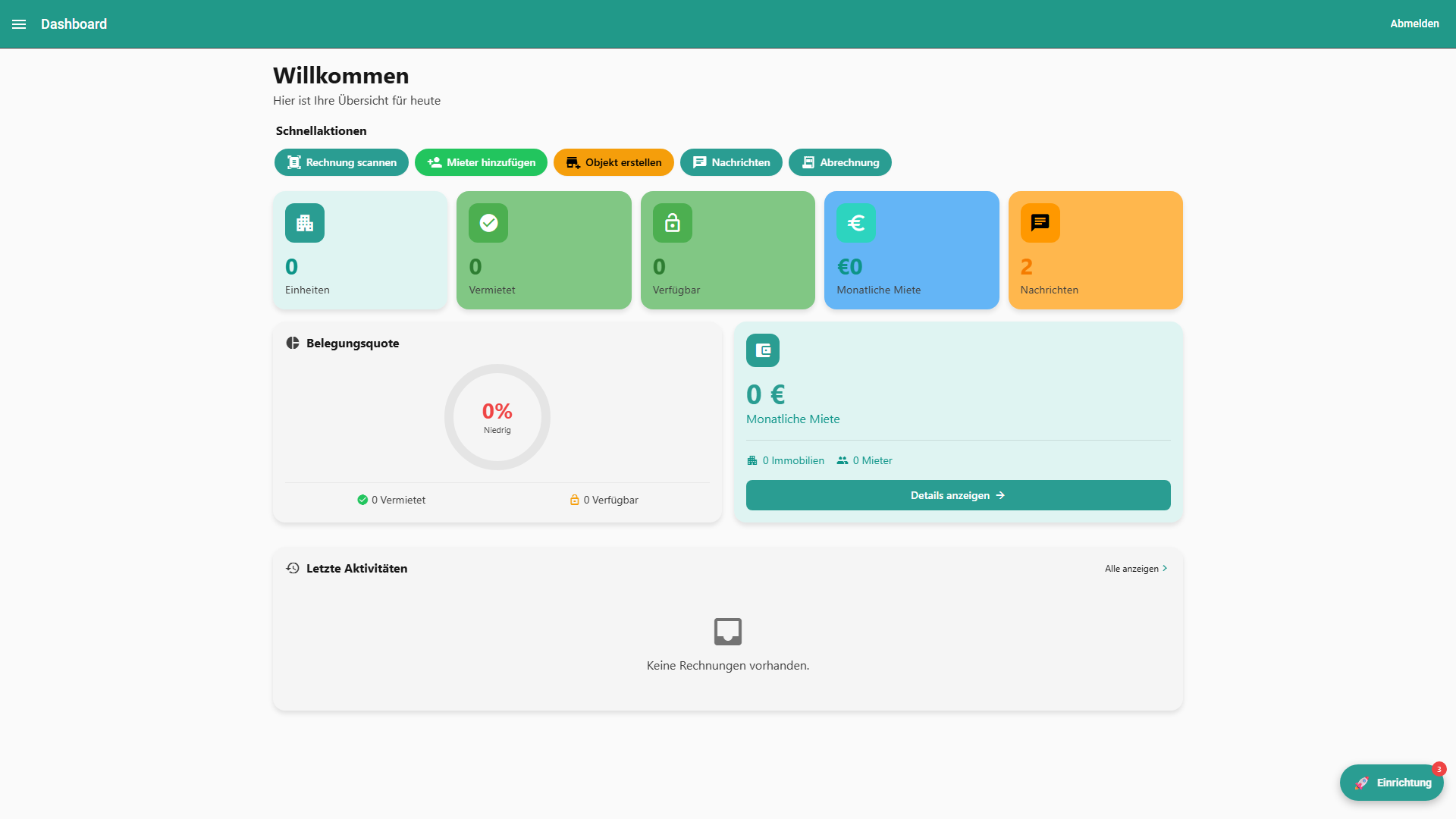 Objecto Dashboard – Gesamtübersicht der Vermietung auf Desktop